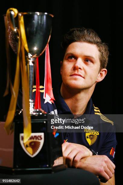 Taylor Duryea of the Hawks poses with the beyondblue Cup speaks to the media during a Hawthorn Hawks AFL media opportunity at Waverley Park on May 7,...