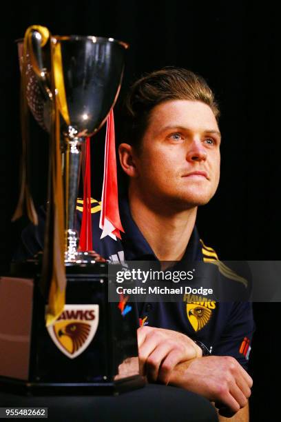 Taylor Duryea of the Hawks poses with the beyondblue Cup speaks to the media during a Hawthorn Hawks AFL media opportunity at Waverley Park on May 7,...