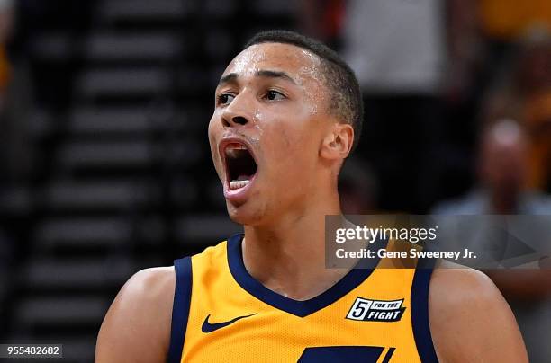 Dante Exum of the Utah Jazz reacts to a play where he was hit in the mouth in the first half during Game Four of Round Two of the 2018 NBA Playoffs...