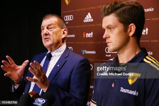 Hawks president Jeff Kennett speaks to the media next to Taylor Duryea during a Hawthorn Hawks AFL media opportunity at Waverley Park on May 7, 2018...