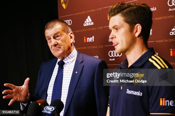 Hawks president Jeff Kennett speaks to the media next to Taylor Duryea during a Hawthorn Hawks AFL media opportunity at Waverley Park on May 7, 2018...