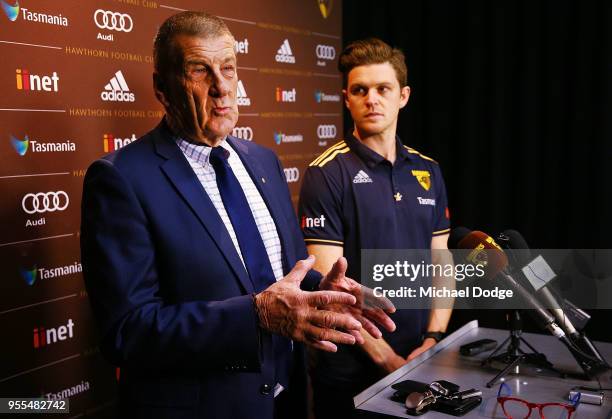 Hawks president Jeff Kennett speaks to the media next to Taylor Duryea during a Hawthorn Hawks AFL media opportunity at Waverley Park on May 7, 2018...