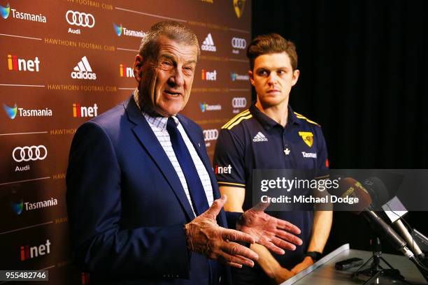 Hawks president Jeff Kennett speaks to the media next to Taylor Duryea during a Hawthorn Hawks AFL media opportunity at Waverley Park on May 7, 2018...