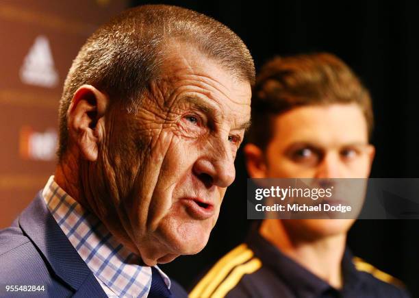 Hawks president Jeff Kennett speaks to the media next to Taylor Duryea during a Hawthorn Hawks AFL media opportunity at Waverley Park on May 7, 2018...