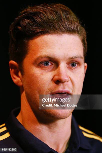 Taylor Duryea of the Hawks speaks to the media during a Hawthorn Hawks AFL media opportunity at Waverley Park on May 7, 2018 in Melbourne, Australia....