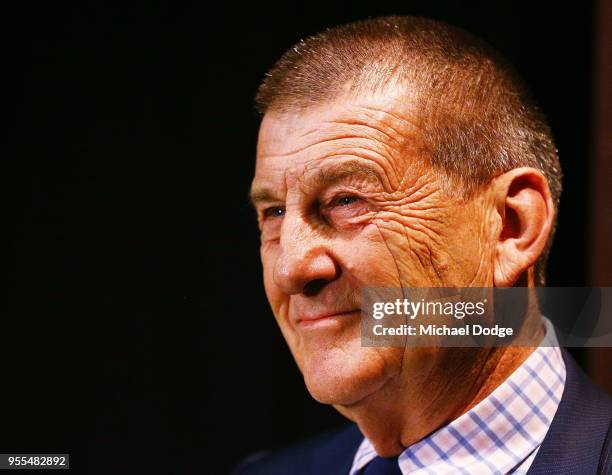 Hawks president Jeff Kennett speaks to the media during a Hawthorn Hawks AFL media opportunity at Waverley Park on May 7, 2018 in Melbourne,...