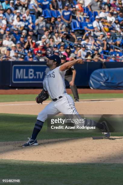 Relief pitcher Brad Hand of San Diego Padres pitches in the eight inning during the MLB game against the Los Angeles Dodgers at Estadio de Beisbol...