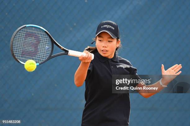 Hana Sonton plays a forehand during the Australian Launch of the Longines Future Tennis Aces Tournament at Melbourne Park on May 7, 2018 in...