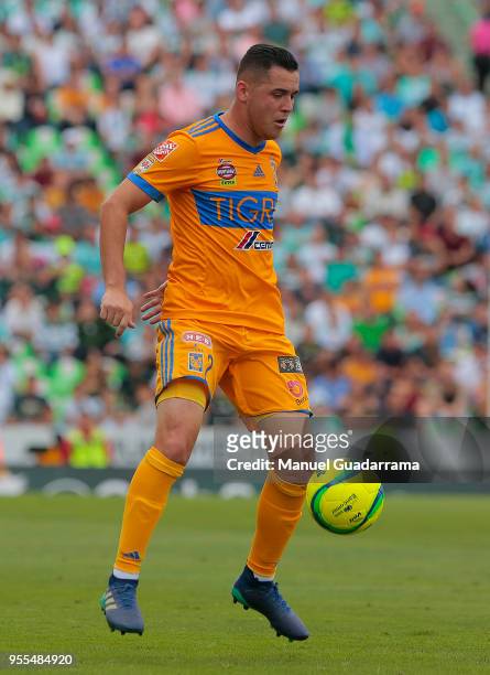 Israel Jimenez of Tigres controls the ball during the quarter finals second leg match between Santos Laguna and Tigres UANL as part of the Torneo...
