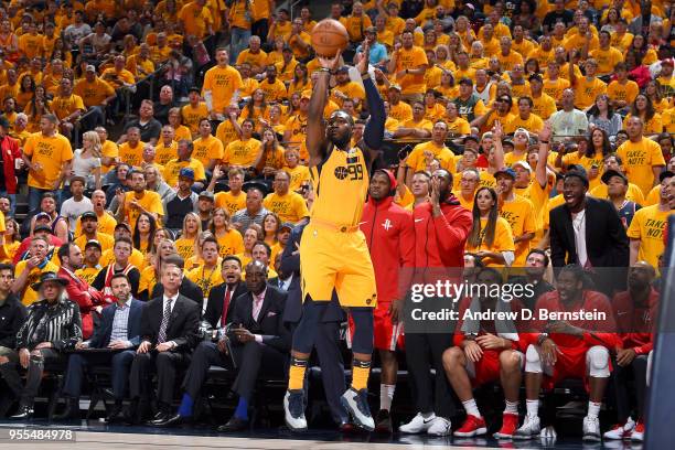 Jae Crowder of the Utah Jazz shoots the ball against the Houston Rockets during Game Four of the Western Conference Semifinals of the 2018 NBA...