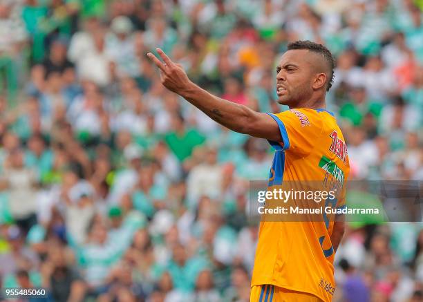 Rafael de Souza of Tigres gestures during the quarter finals second leg match between Santos Laguna and Tigres UANL as part of the Torneo Clausura...