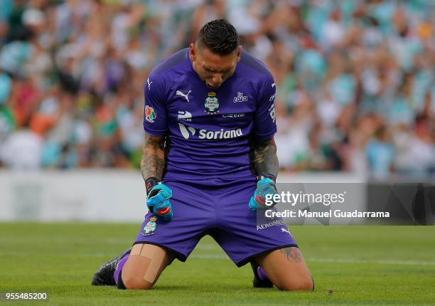 Jonathan Orozco of Santos celebrates during the quarter finals second leg match between Santos Laguna and Tigres UANL as part of the Torneo Clausura...