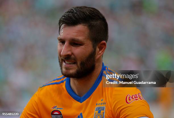 Andre-Pierre Cignac of Tigres looks on during the quarter finals second leg match between Santos Laguna and Tigres UANL as part of the Torneo...