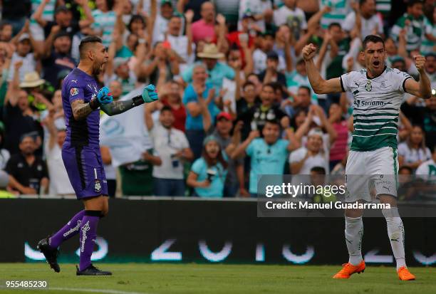 Jonathan Orozco and Gerardo Alcoba of Santos, celebrate during the quarter finals second leg match between Santos Laguna and Tigres UANL as part of...