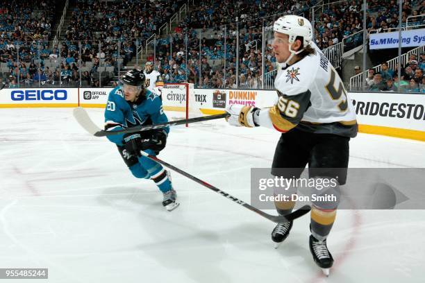 Marcus Sorensen of the San Jose Sharks defends Erik Haula of the Vegas Golden Knights in Game Six of the Western Conference Second Round during the...