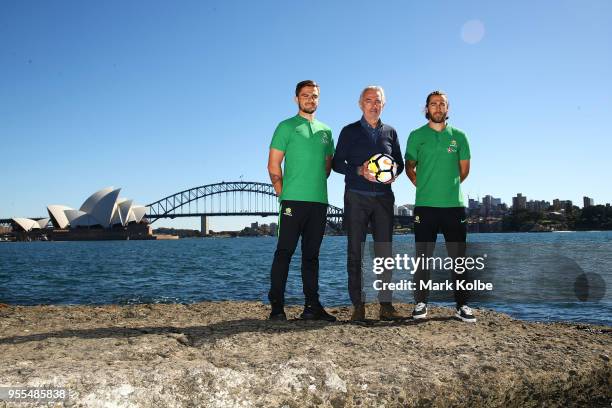 Josh Risdon, Socceroos Head Coach Bert van Marwijk and Josh Brillante pose after the Australian Socceroos World Cup Preliminary Squad Announcement at...