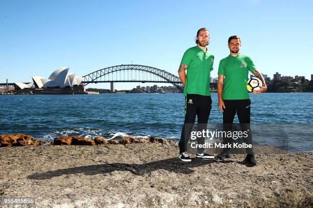 Josh Risdon and Josh Brillante pose after the Australian Socceroos World Cup Preliminary Squad Announcement at Lady Macquarie's Chair on May 7, 2018...