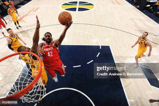 Nene Hilario of the Houston Rockets shoots the ball against the Utah Jazz during Game Four of the Western Conference Semifinals of the 2018 NBA...