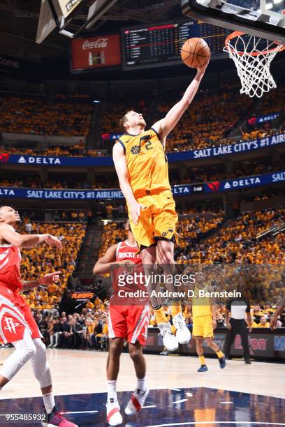 Joe Ingles of the Utah Jazz goes to the basket against the Houston Rockets during Game Four of the Western Conference Semifinals of the 2018 NBA...