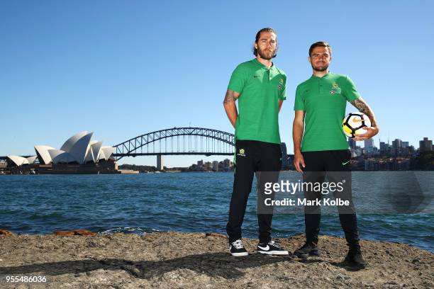 Josh Brillante and Josh Risdon pose after the Australian Socceroos World Cup Preliminary Squad Announcement at Lady Macquarie's Chair on May 7, 2018...