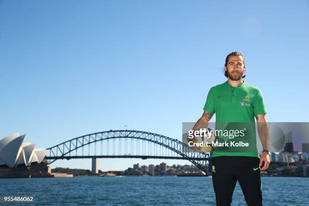 Josh Brillante poses after the Australian Socceroos World Cup Preliminary Squad Announcement at Lady Macquarie's Chair on May 7, 2018 in Sydney,...