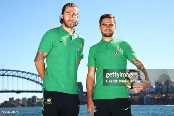 Josh Brillante and Josh Risdon pose after the Australian Socceroos World Cup Preliminary Squad Announcement at Lady Macquarie's Chair on May 7, 2018...