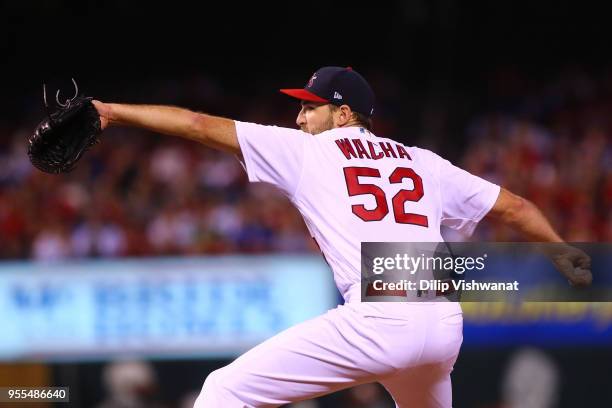 Michael Wacha of the St. Louis Cardinals delivers a pitch against the Chicago Cubs in the second inning at Busch Stadium on May 6, 2018 in St. Louis,...