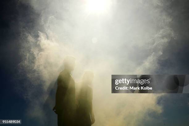 Josh Risdon and Josh Brillante pose in smoke during a photo shoot after the Australian Socceroos World Cup Preliminary Squad Announcement at Lady...