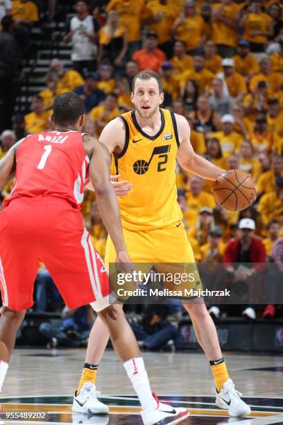 Joe Ingles of the Utah Jazz handles the ball against the Houston Rockets during Game Four of the Western Conference Semifinals of the 2018 NBA...