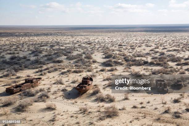 Rusting fishing trawlers sit abandoned in Moynaq, Uzbekistan, on Wednesday, March 14, 2018. The drying up of the Aral Sea led to the economic demise...