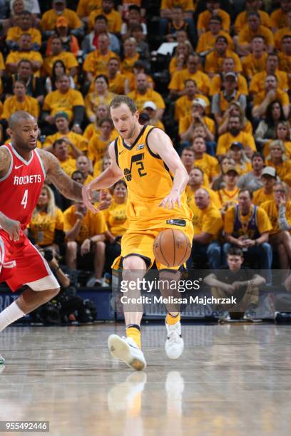 Joe Ingles of the Utah Jazz handles the ball against the Houston Rockets during Game Four of the Western Conference Semifinals of the 2018 NBA...