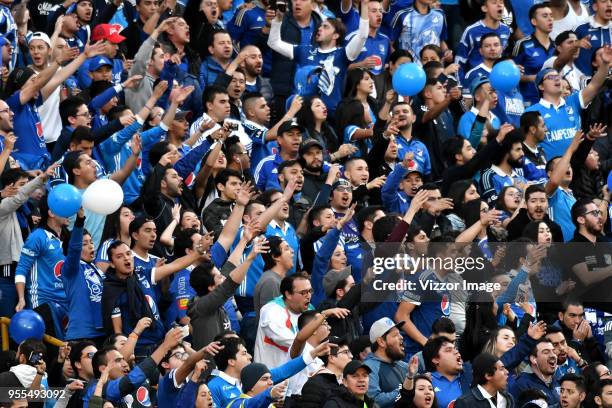 Fans of Millonarios cheer their team during a match between Independiente Santa Fe and Millonarios as part of Liga Aguila 2018 I at Nemesio Camacho...