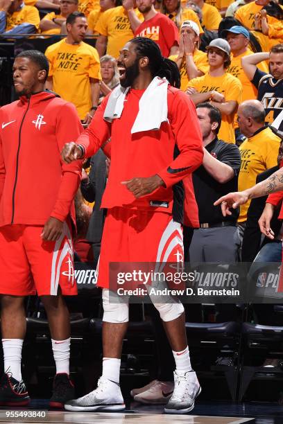 Nene Hilario of the Houston Rockets reacts to a score in the 4th quarter against the Utah Jazz during Game Four of the Western Conference Semifinals...