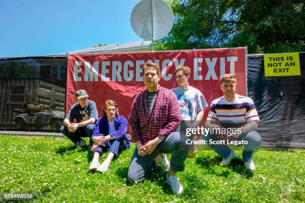 Andrew Fisher, Alex Henery, Ronan Crix, Duncan Stewart and James Fisher of the band Basement poses backstage during Day 3 at Shaky Knees Festival at...