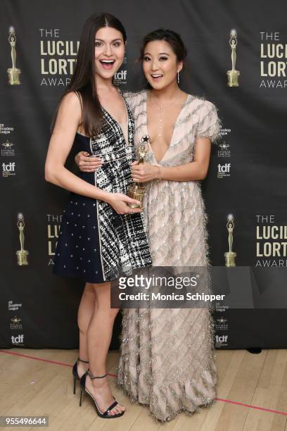 Phillipa Soo and Ashley Park pose backstage at the 33rd Annual Lucille Lortel Awards on May 6, 2018 in New York City.