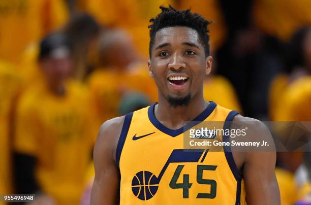 Donovan Mitchell of the Utah Jazz reacts to his basket in the second half during Game Four of Round Two of the 2018 NBA Playoffs against the Houston...