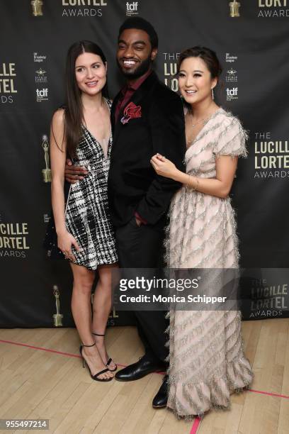 Phillipa Soo, Jelani Alladin, and Ashley Park pose backstage at the 33rd Annual Lucille Lortel Awards on May 6, 2018 in New York City.