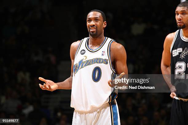 Gilbert Arenas of the Washington Wizards shoots reacts during a game against the San Antonio Spurs at the Verizon Center on January 2, 2010 in...