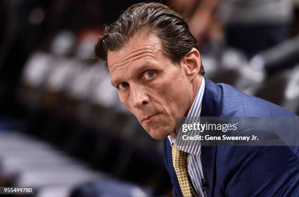 Head coach Quin Snyder of the Utah Jazz looks on prior to their game against the Houston Rockets in Game Four of Round Two of the 2018 NBA Playoffs...