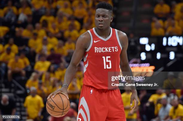 Clint Capela of the Houston Rockets controls the ball in the second half during Game Four of Round Two of the 2018 NBA Playoffs against the Utah Jazz...