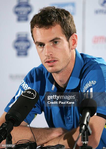 Andy Murray of Great Britain talks to the media at a press conference during day two of the Hopman Cup at the Burswood Dome on January 3, 2010 in...