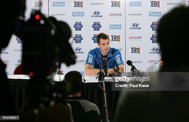 Andy Murray of Great Britain talks to the media at a press conference during day two of the Hopman Cup at the Burswood Dome on January 3, 2010 in...