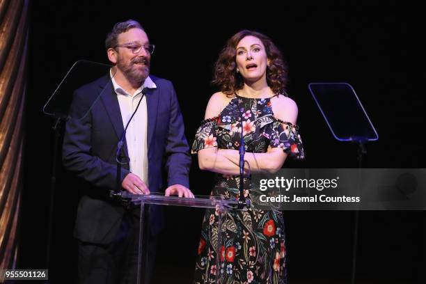 Hosts Jeremy Shamos and Laura Benanti speak onstage during the 33rd Annual Lucille Lortel Awards on May 6, 2018 in New York City.|