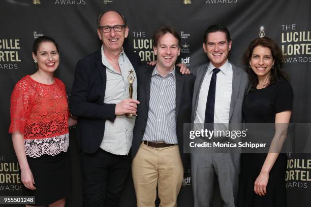 David Cale, Mike Birbiglia, and Billy Crudup pose backstage at the 33rd Annual Lucille Lortel Awards on May 6, 2018 in New York City.