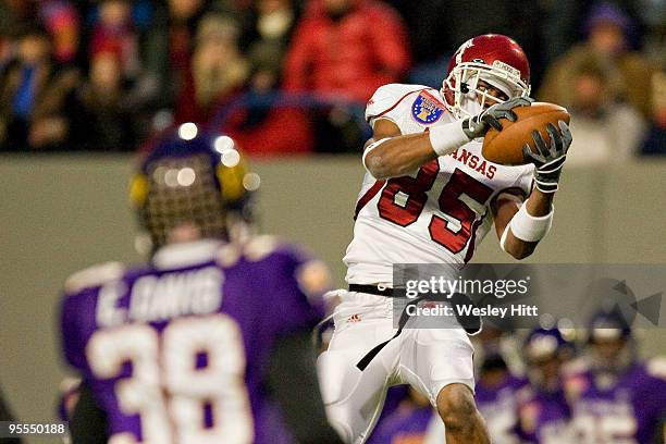 Greg Childs of the Arkansas Razorbacks catches a pass during the Liberty Bowl against the East Carolina Pirates at AutoZone Liberty Bowl on January...