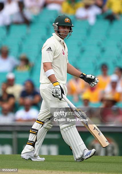 Phillip Hughes of Australia walks from the ground after being dismissed during day one of the Second Test match between Australia and Pakistan at...