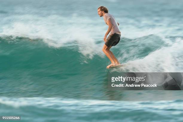 mitchell surman is surfing on the nose of a longboard at tea tree bay, noosa national park - andrew surman photos et images de collection