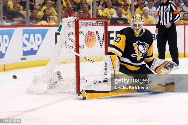 Matt Murray of the Pittsburgh Penguins makes a save in Game Four of the Eastern Conference Second Round during the 2018 NHL Stanley Cup Playoffs...