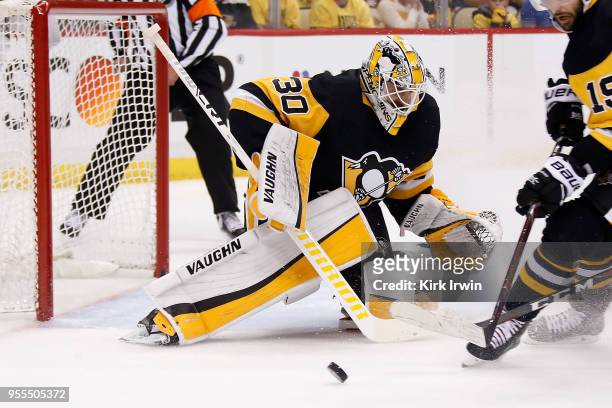 Matt Murray of the Pittsburgh Penguins makes a save in Game Four of the Eastern Conference Second Round during the 2018 NHL Stanley Cup Playoffs...