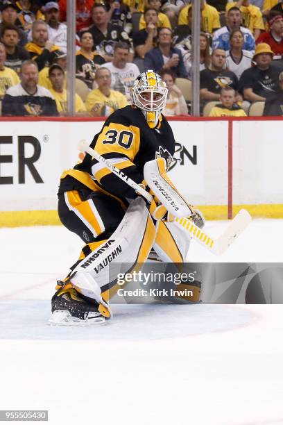 Matt Murray of the Pittsburgh Penguins makes a save in Game Four of the Eastern Conference Second Round during the 2018 NHL Stanley Cup Playoffs...